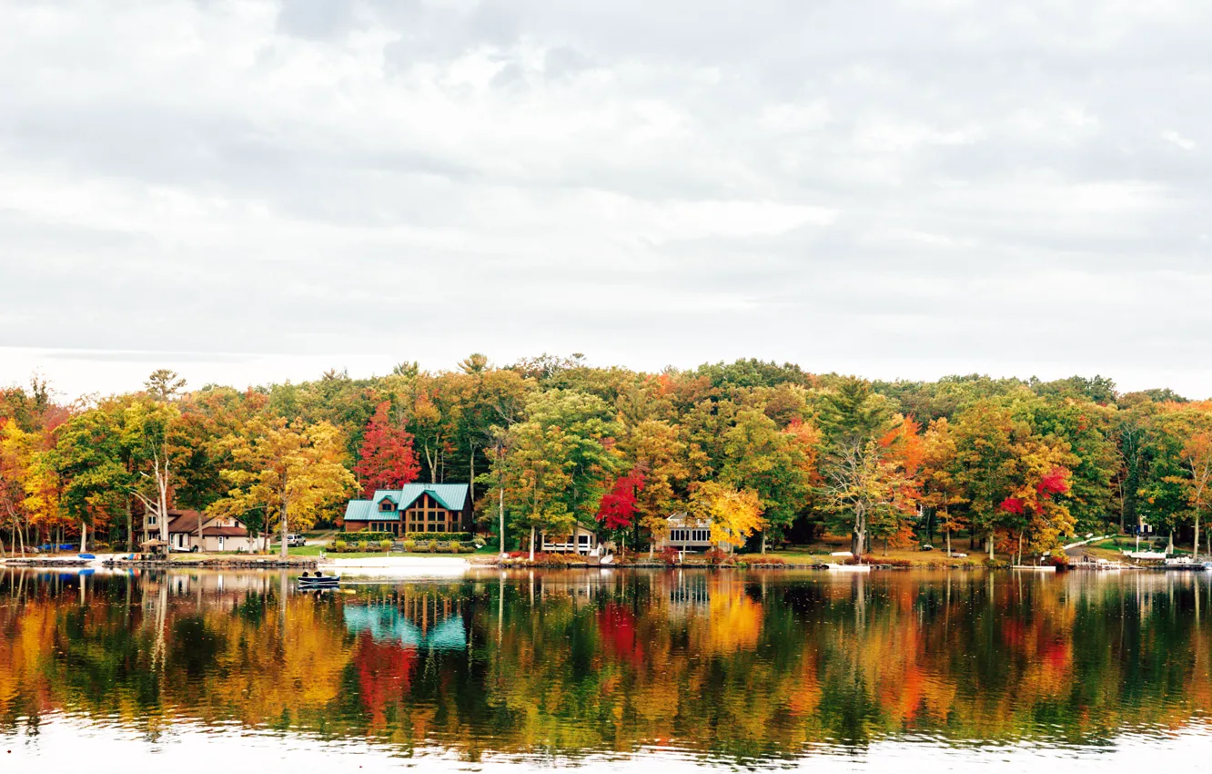 Photo wallpaper autumn, mountains, nature, lake, shore, New York, boats, houses