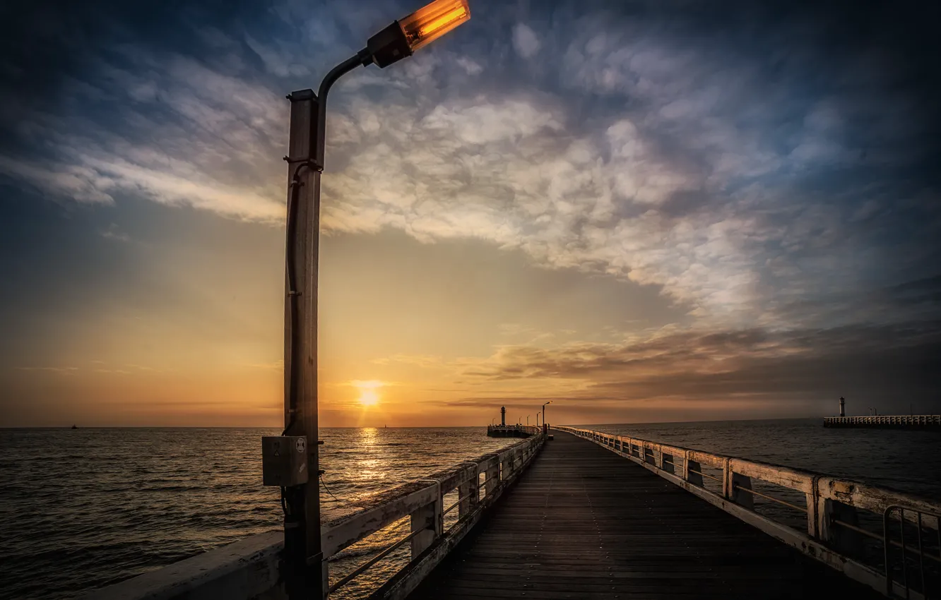 Photo wallpaper sea, night, bridge, lights, lamp, Belgium, West-Flanders, Nieuwpoort-Baden