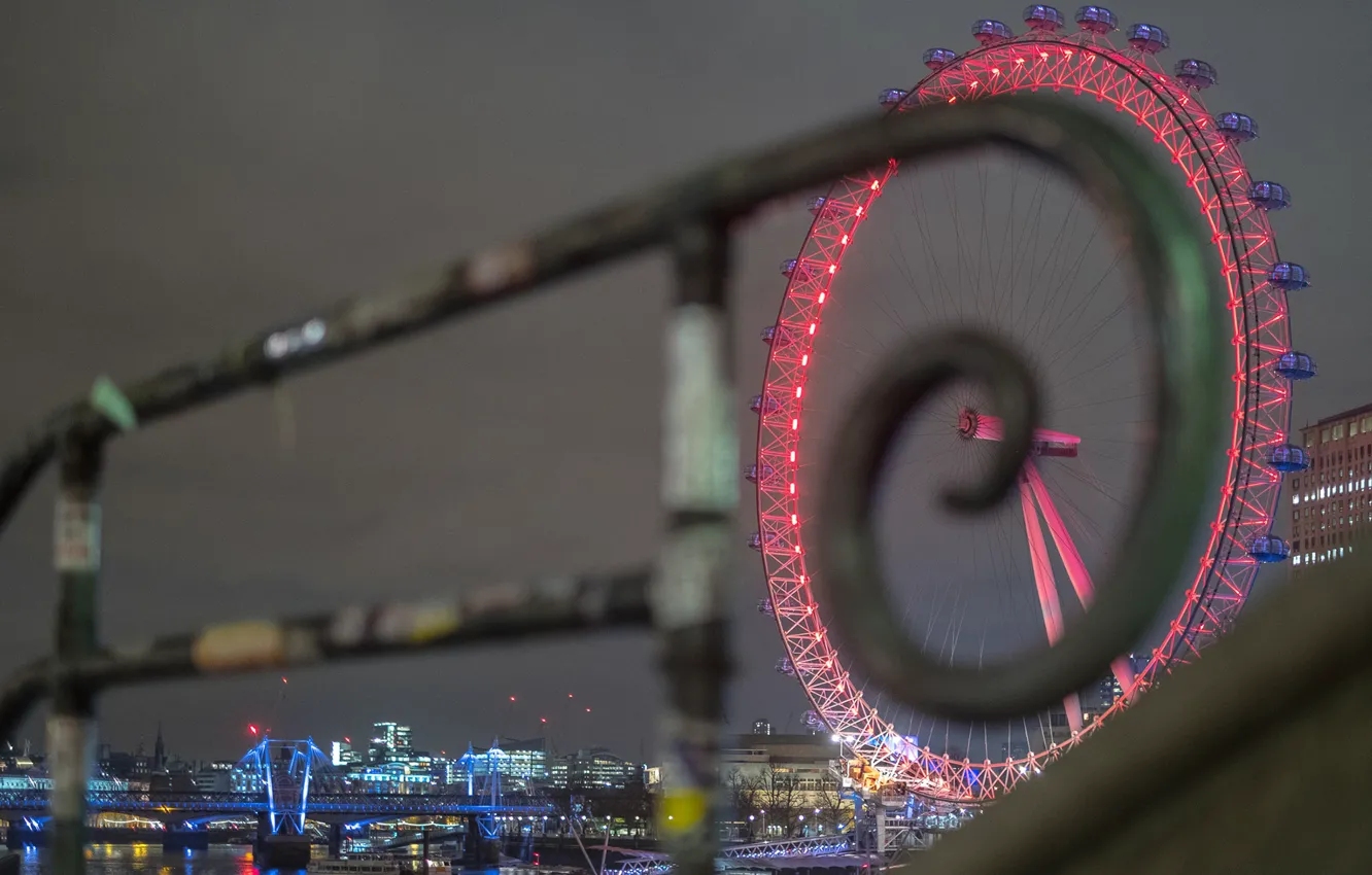 Photo wallpaper night, the city, railings, Ferris wheel, Ferris wheel