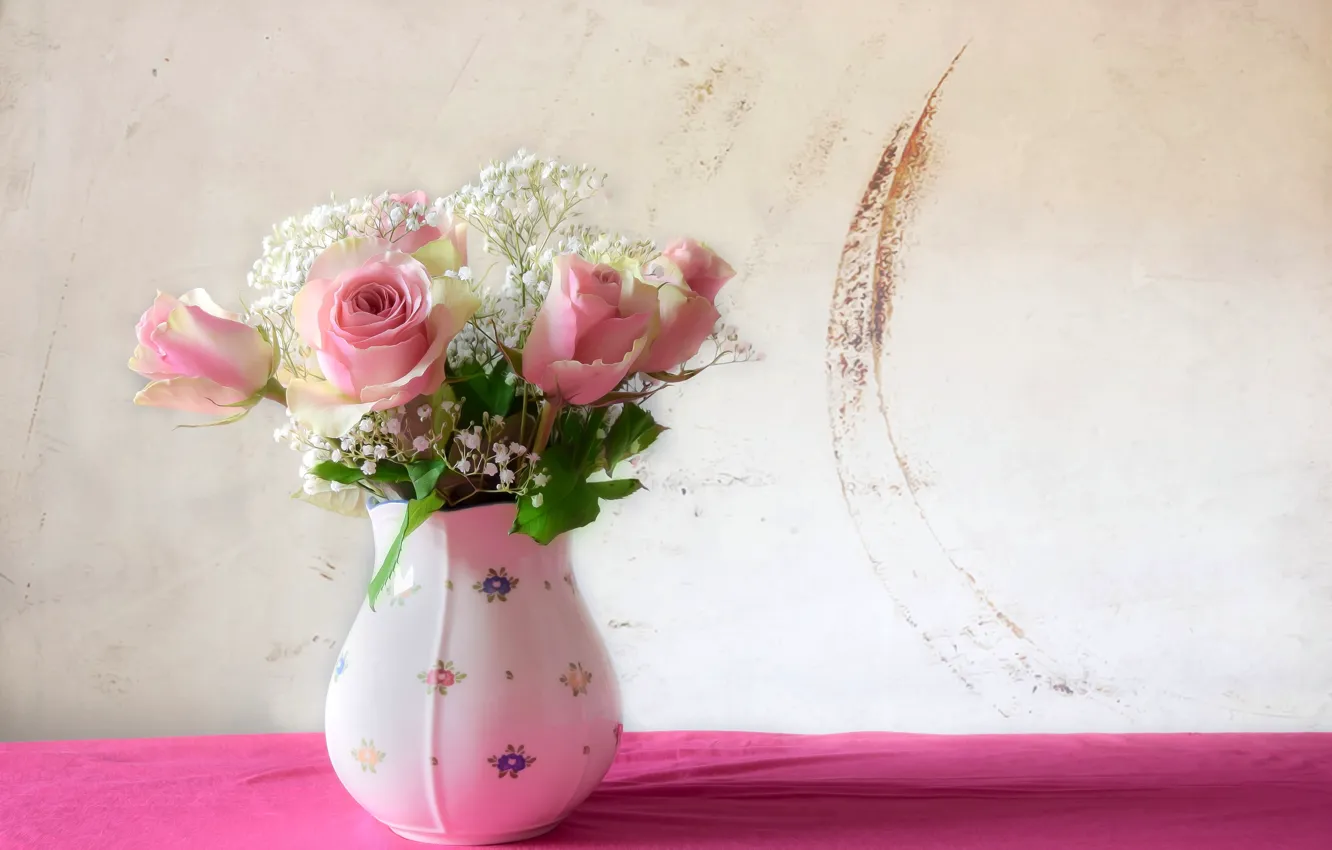 Photo wallpaper flowers, roses, bouquet, vase, pink