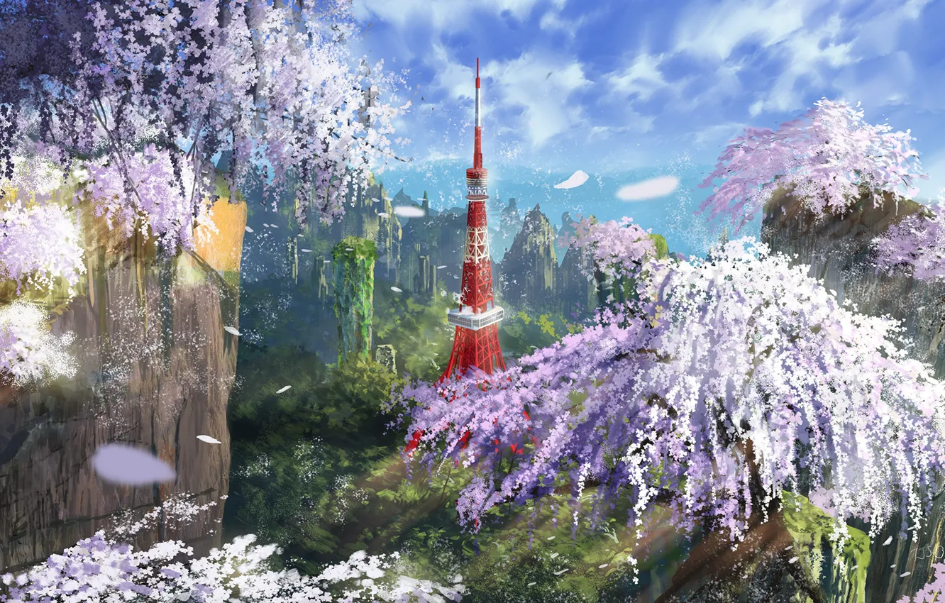 Photo wallpaper mountains, Sakura, flowering, Tokyo tower