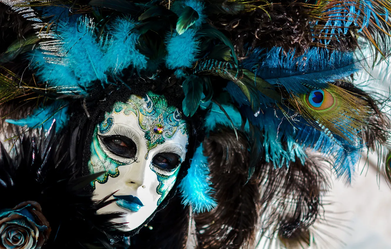 Photo wallpaper eyes, look, decoration, pose, feathers, mask, Venice, outfit