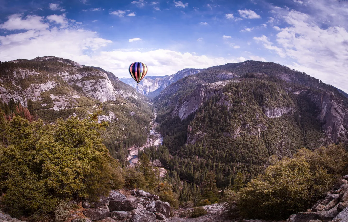 Photo wallpaper clouds, trees, nature, balloon, rocks, Yosemite, Yosemite, California