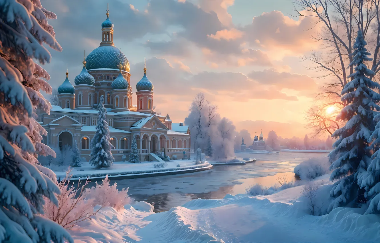 Photo wallpaper winter, snow, trees, river, dawn, building, digital art, AI art