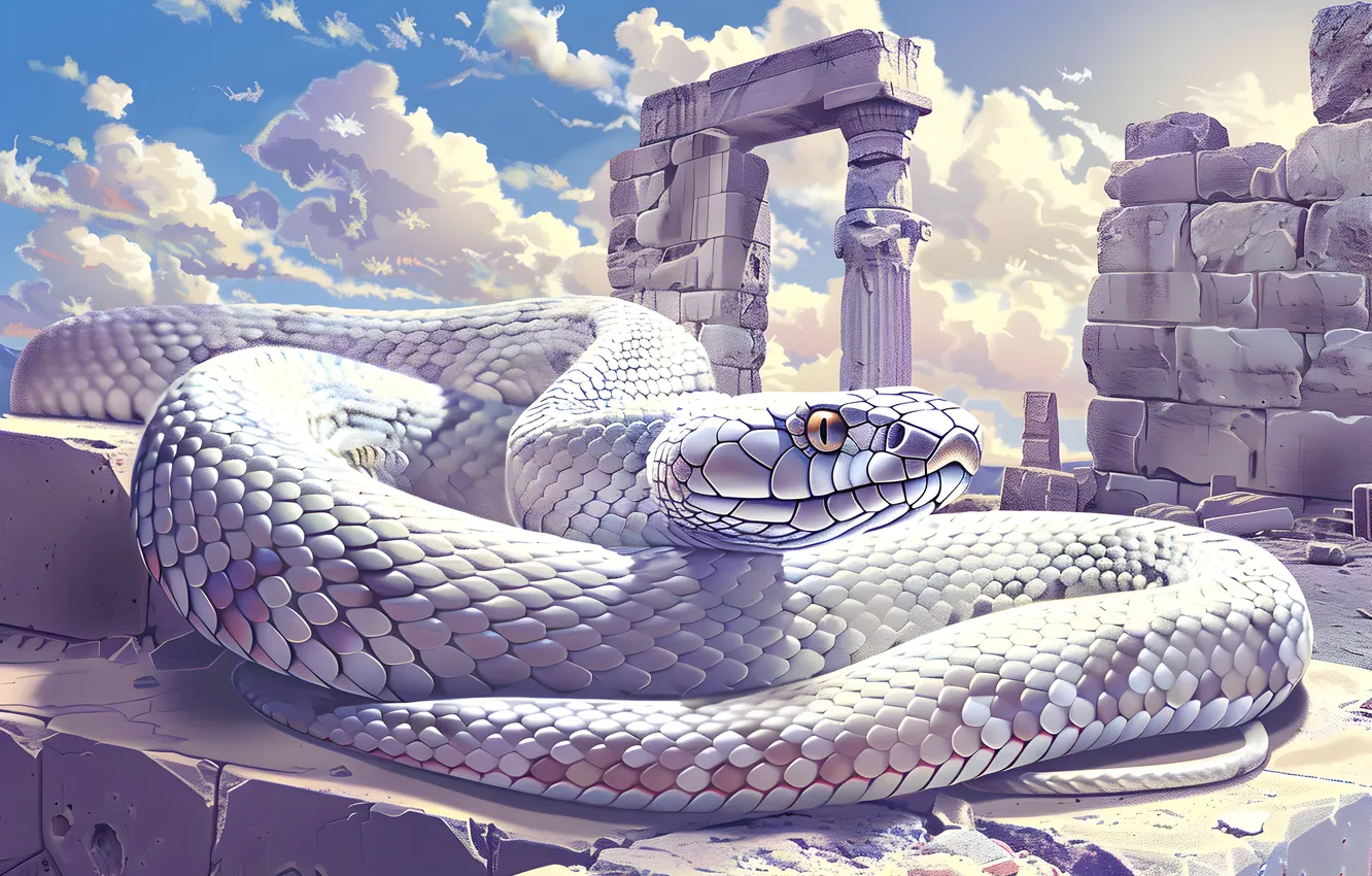 Photo wallpaper white, animal, snake, art, the ruins, reptile, digital art, imitation painting
