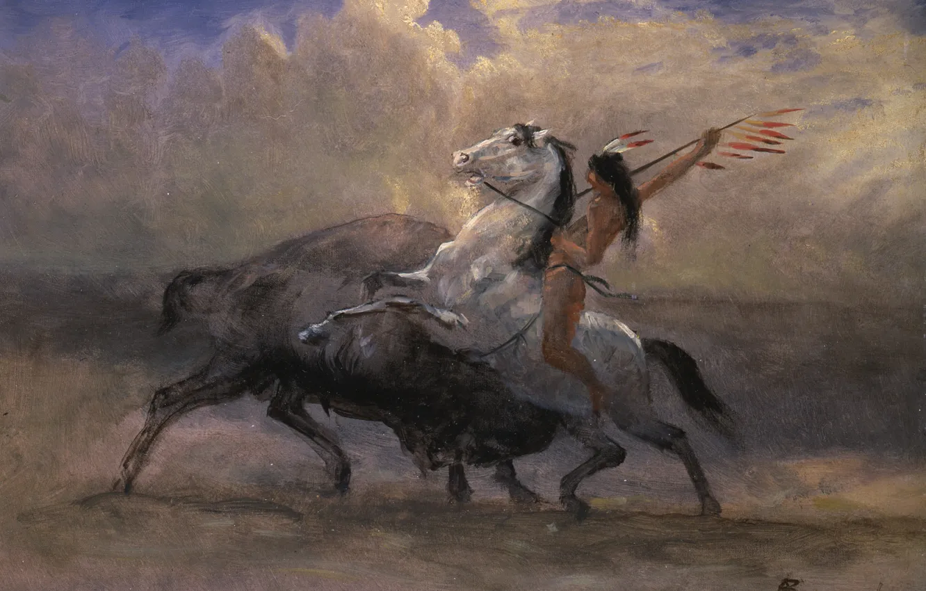 Photo wallpaper picture, hunting, Indian, genre, Albert Bierstadt, The Last Bison