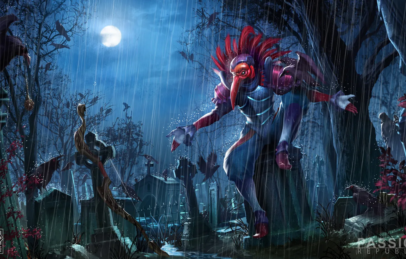 Photo wallpaper night, rain, the moon, the demon, art, cemetery