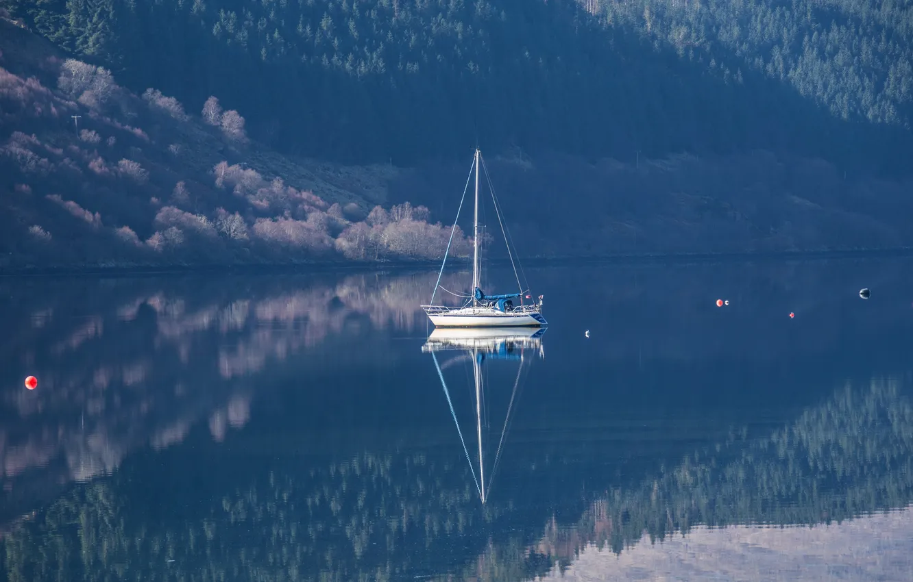 Photo wallpaper lake, reflection, yacht, Scotland