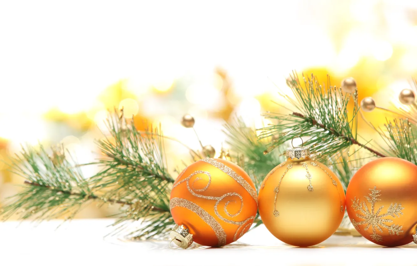 Photo wallpaper balls, toys, tree, branch, New Year, Christmas, tree, Christmas