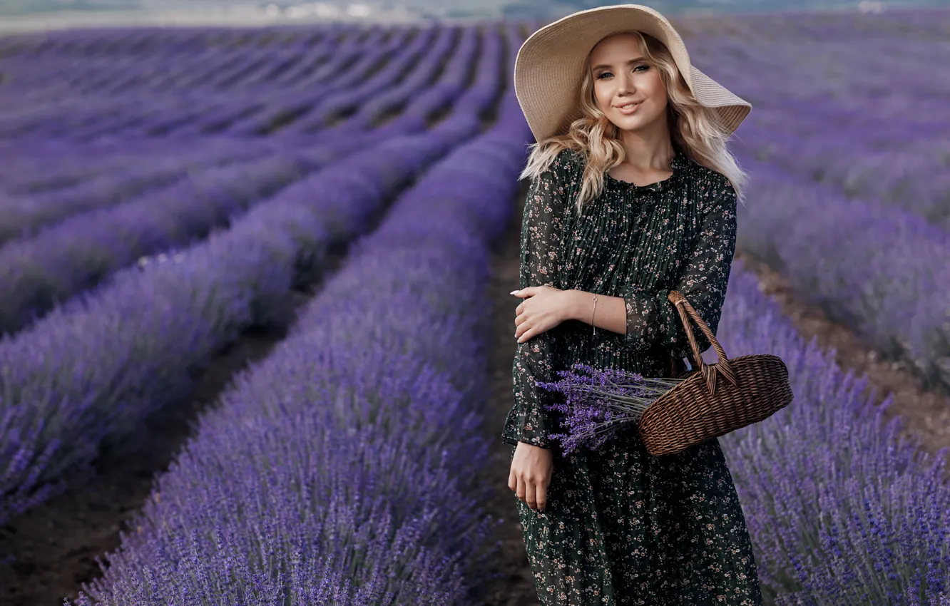 Photo wallpaper field, summer, girl, flowers, pose, smile, bouquet, hat