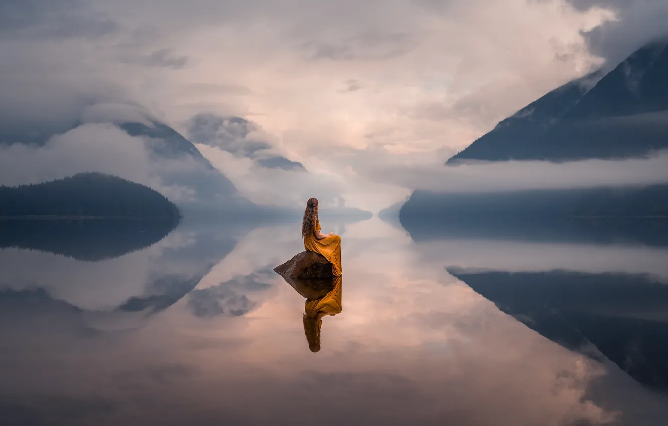 Photo wallpaper girl, mountains, fog, lake, reflection