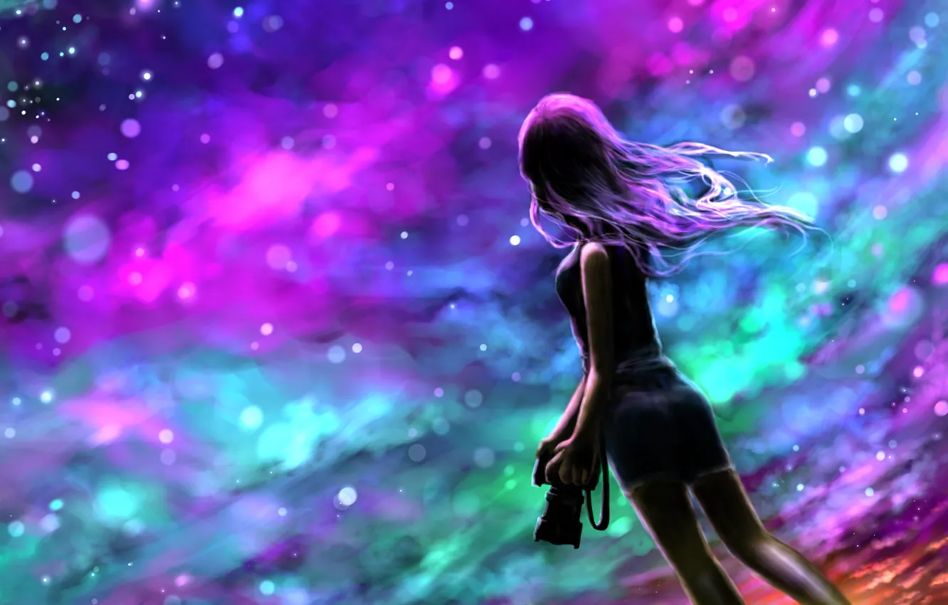 Photo wallpaper girl, fantasy, photographer, night, art, starry sky, blur effect