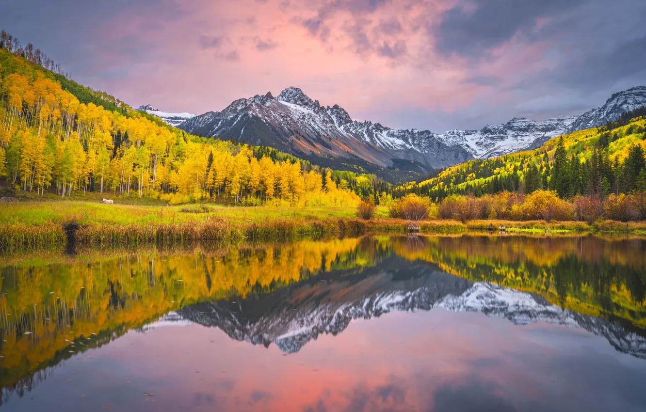 Photo wallpaper pond, autumn, reflection, mountains