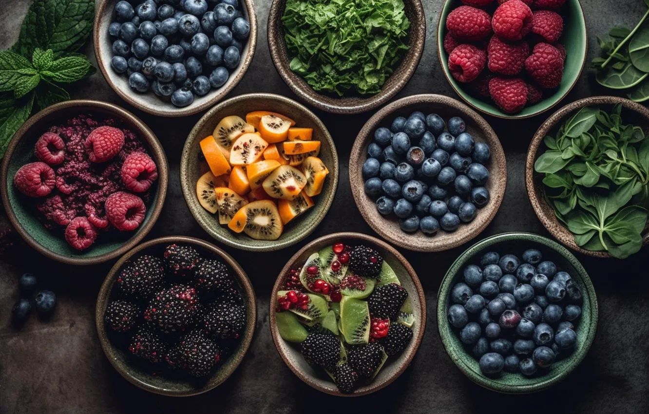Photo wallpaper greens, leaves, berries, raspberry, table, food, kiwi, blueberries