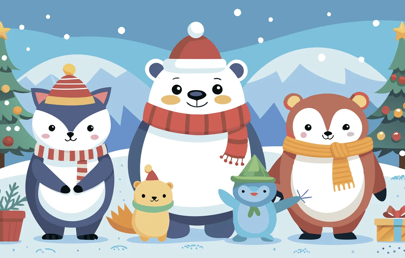 Photo wallpaper winter, forest, snow, mountains, wolf, vector, scarf, bear