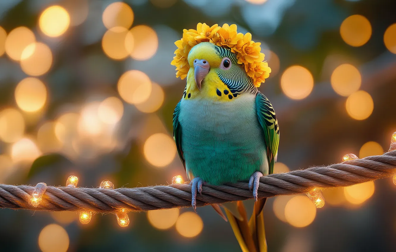 Photo wallpaper look, flowers, nature, lights, green, bird, rope, parrot