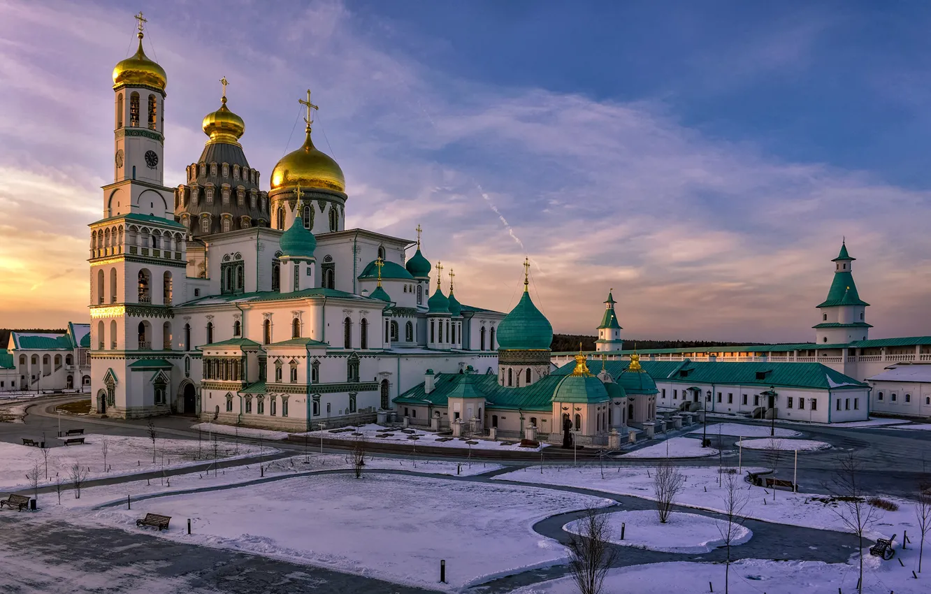 Photo wallpaper snow, sunset, temple, Russia, architecture, Istra, Resurrection Cathedral, New Jerusalem Monastery
