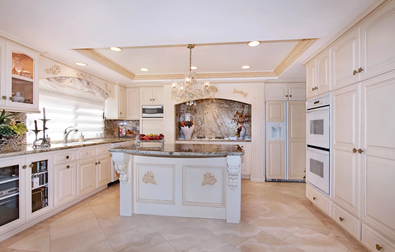 Photo wallpaper white, style, interior, kitchen, chandelier, vase, headsets