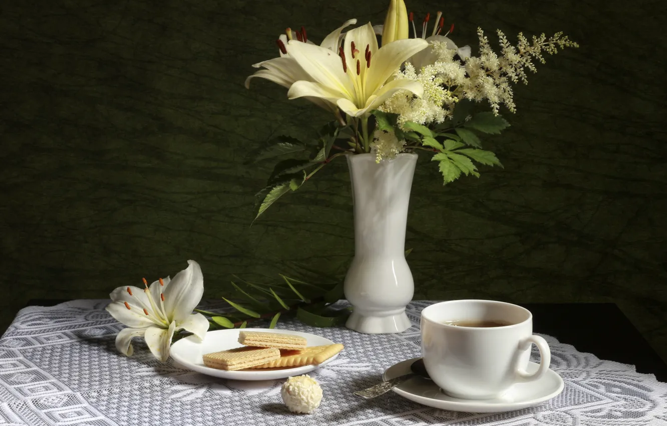 Photo wallpaper tea, Lily, cookies, candy
