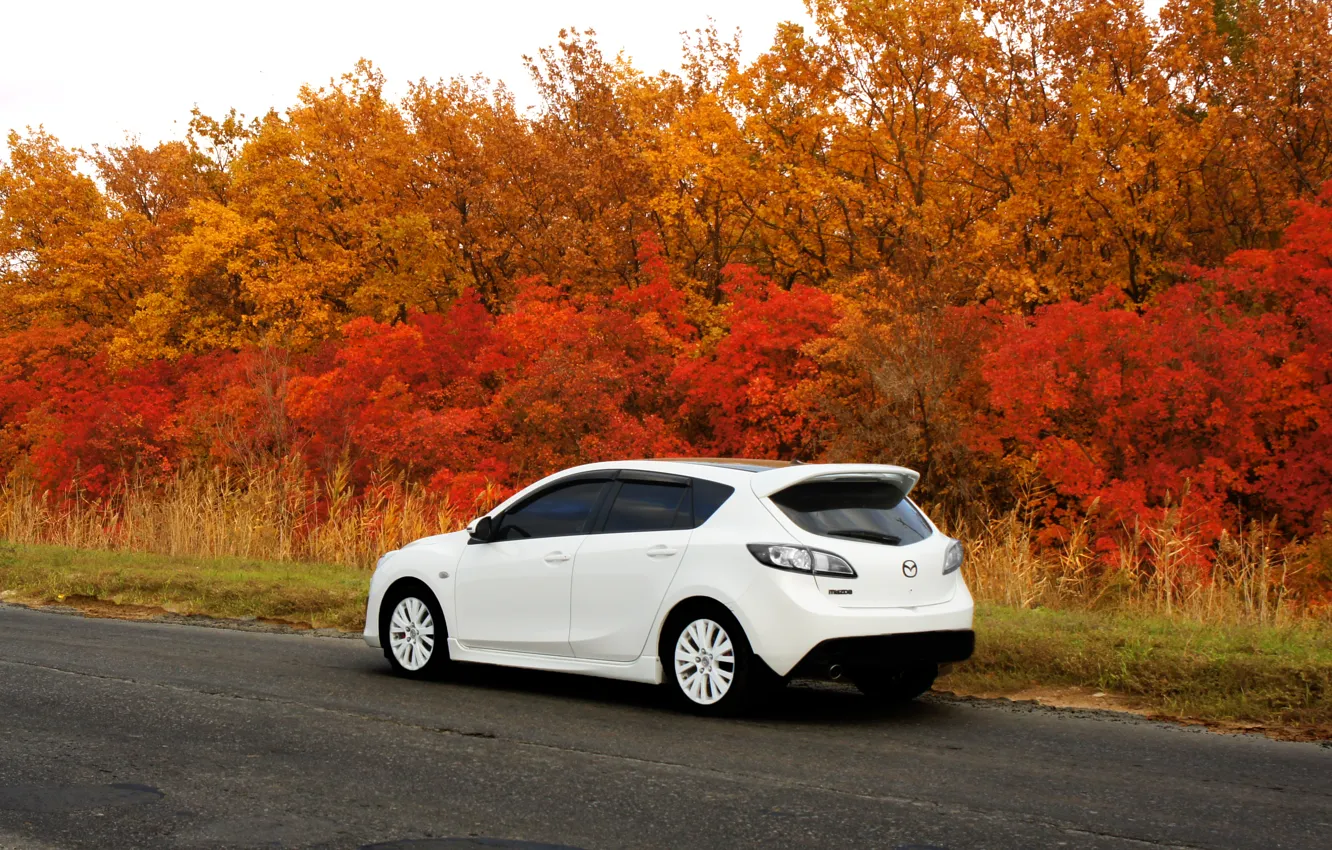 Photo wallpaper road, machine, autumn, Mazda