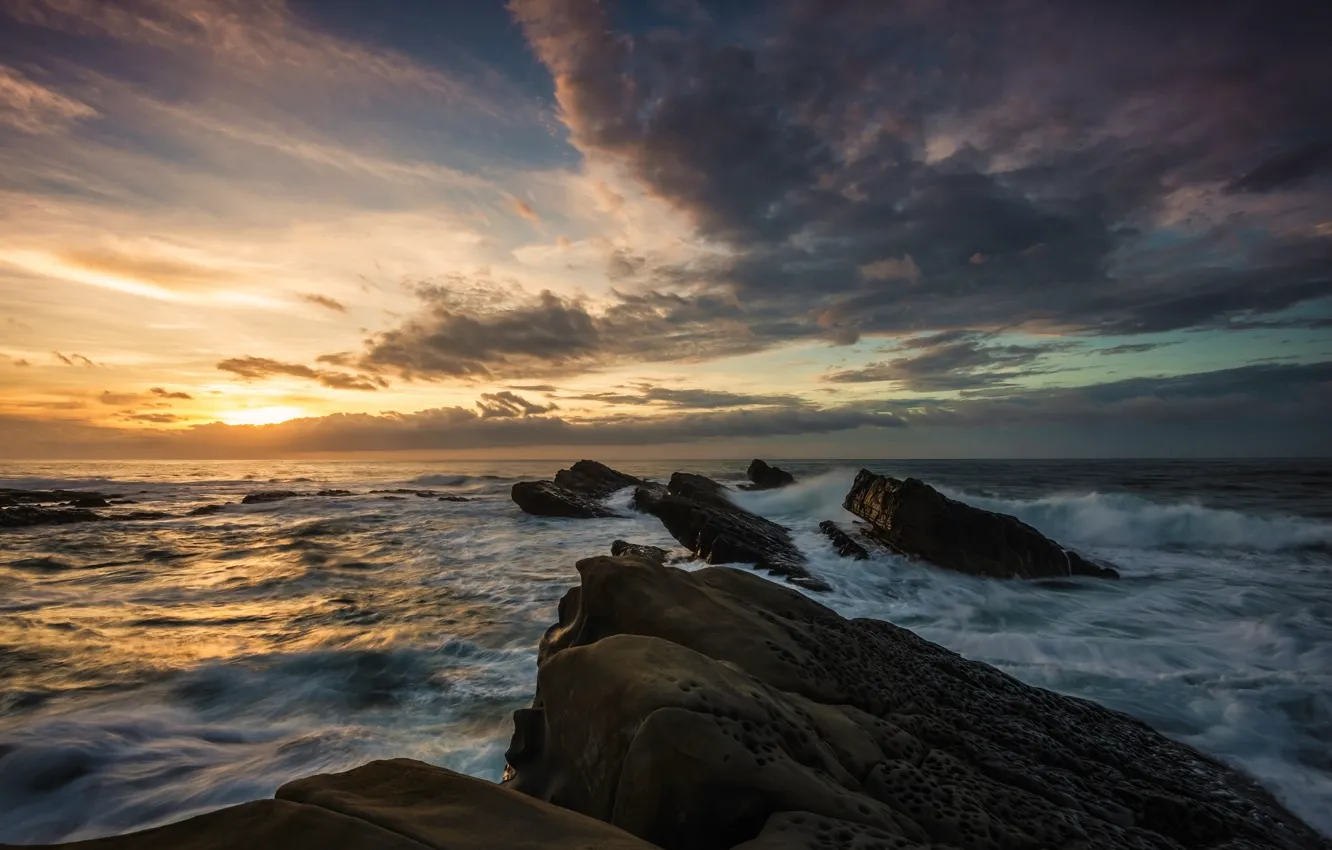 Photo wallpaper sea, wave, the sky, the sun, clouds, clouds, nature, stones