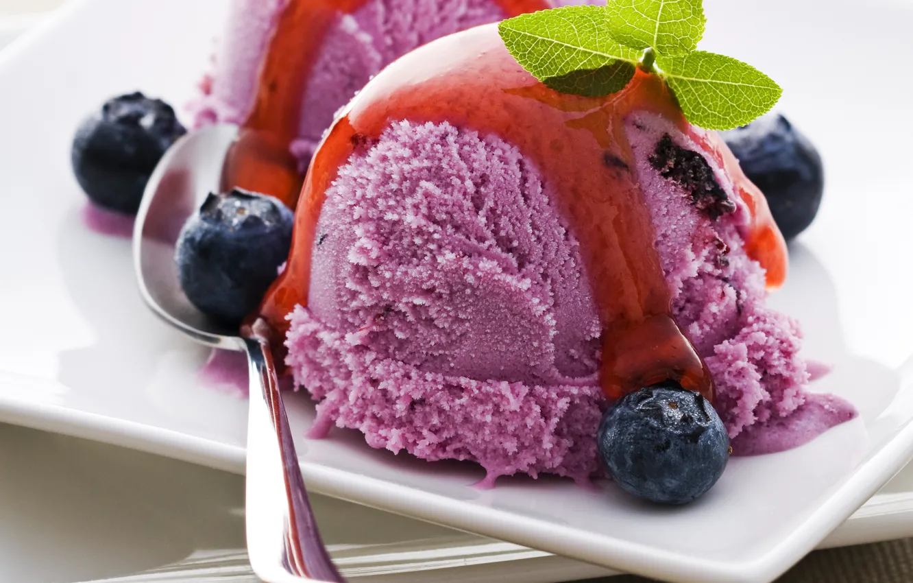 Photo wallpaper berries, blueberries, spoon, ice cream, sweets, mint, dessert, syrup