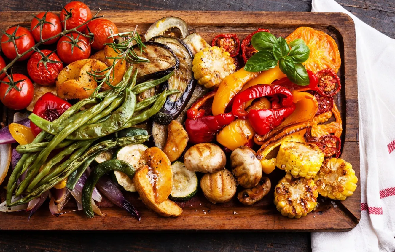 Photo wallpaper mushrooms, corn, eggplant, vegetables, tomatoes, cuts, beans, grill