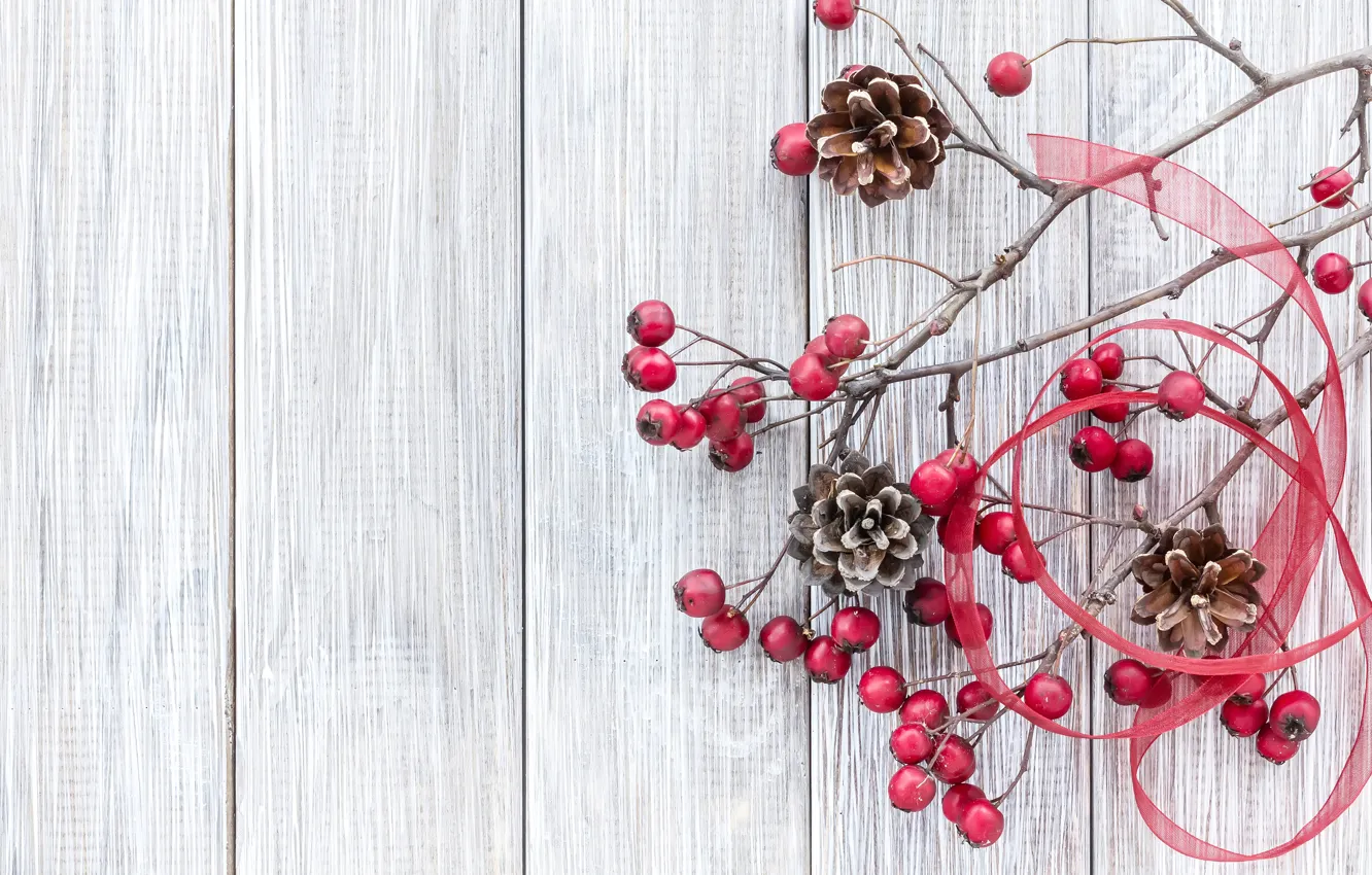 Photo wallpaper branches, berries, New Year, Christmas, bumps, wood, merry christmas, decoration