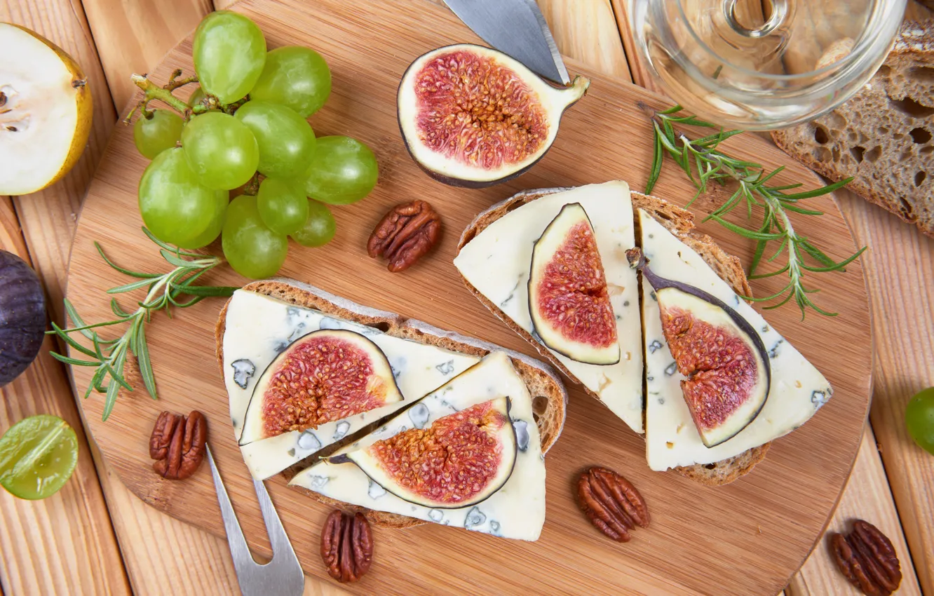 Photo wallpaper greens, cheese, bread, grapes, nuts, figs