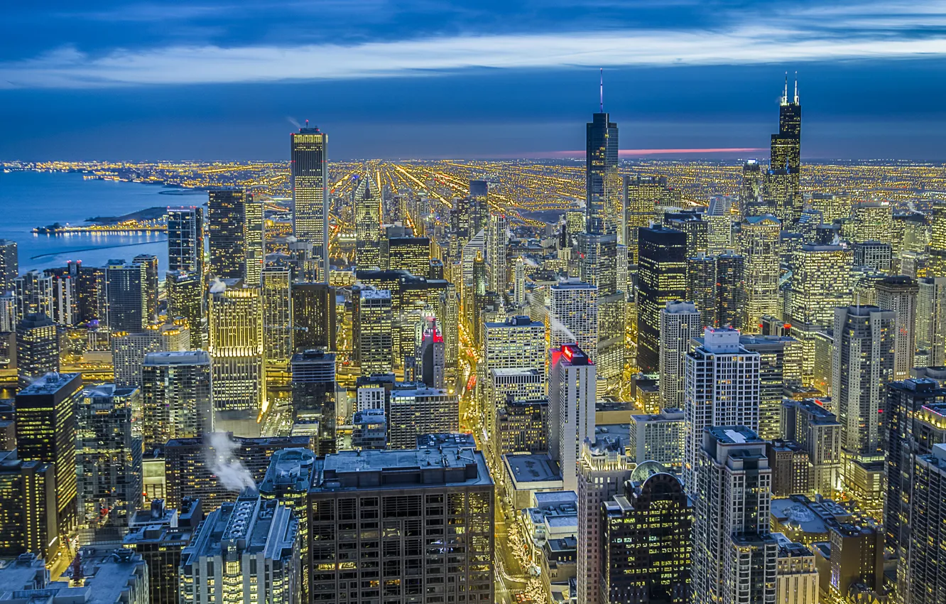 Photo wallpaper the sky, light, night, the city, blue, view, building, height