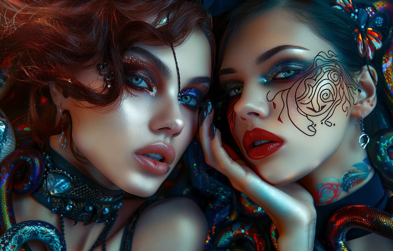 Photo wallpaper look, girl, decoration, face, pattern, Shine, portrait, snake