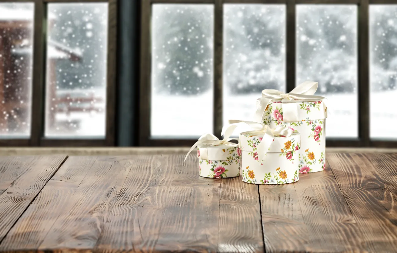 Photo wallpaper winter, snow, window, gifts
