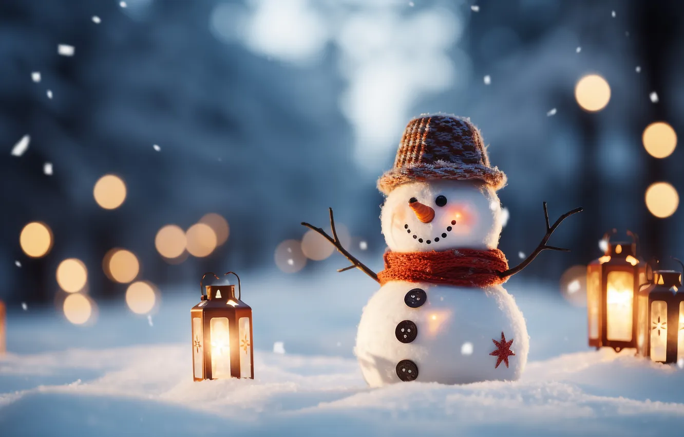 Photo wallpaper winter, snow, new year, Christmas, snowman, Christmas, winter, snow