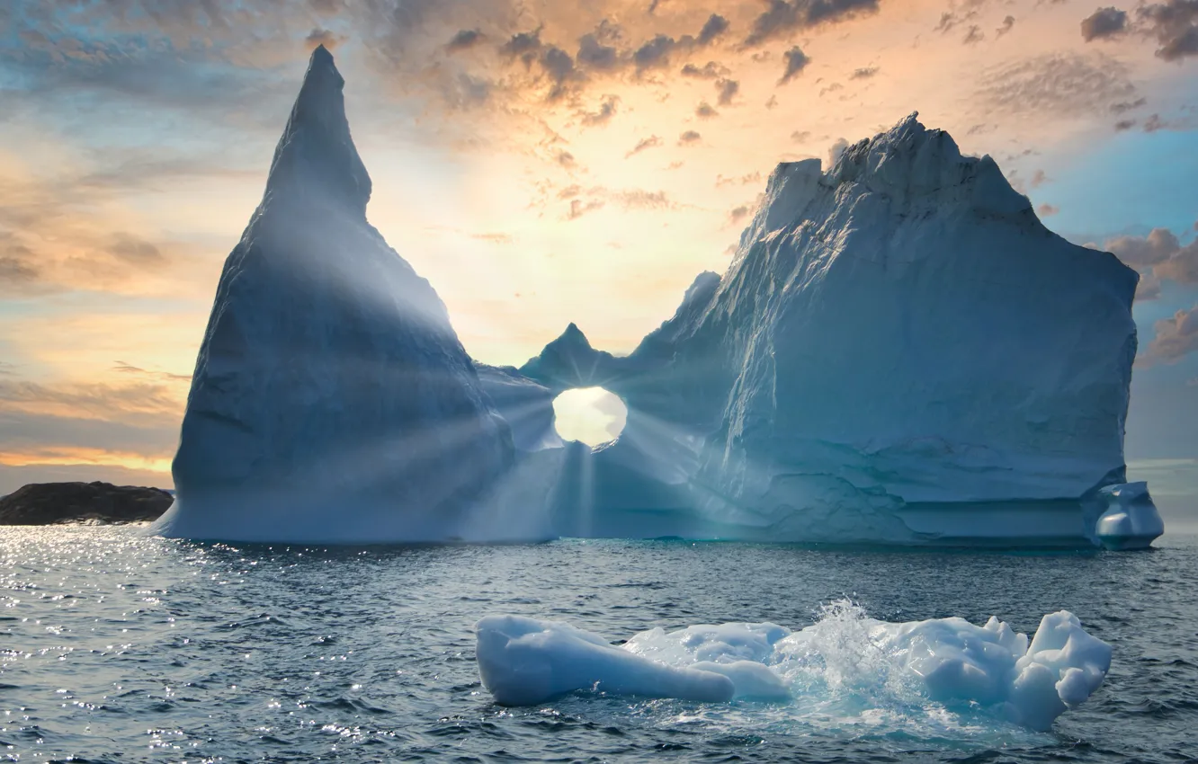 Photo wallpaper cold, ice, winter, sea, the sky, water, clouds, rays