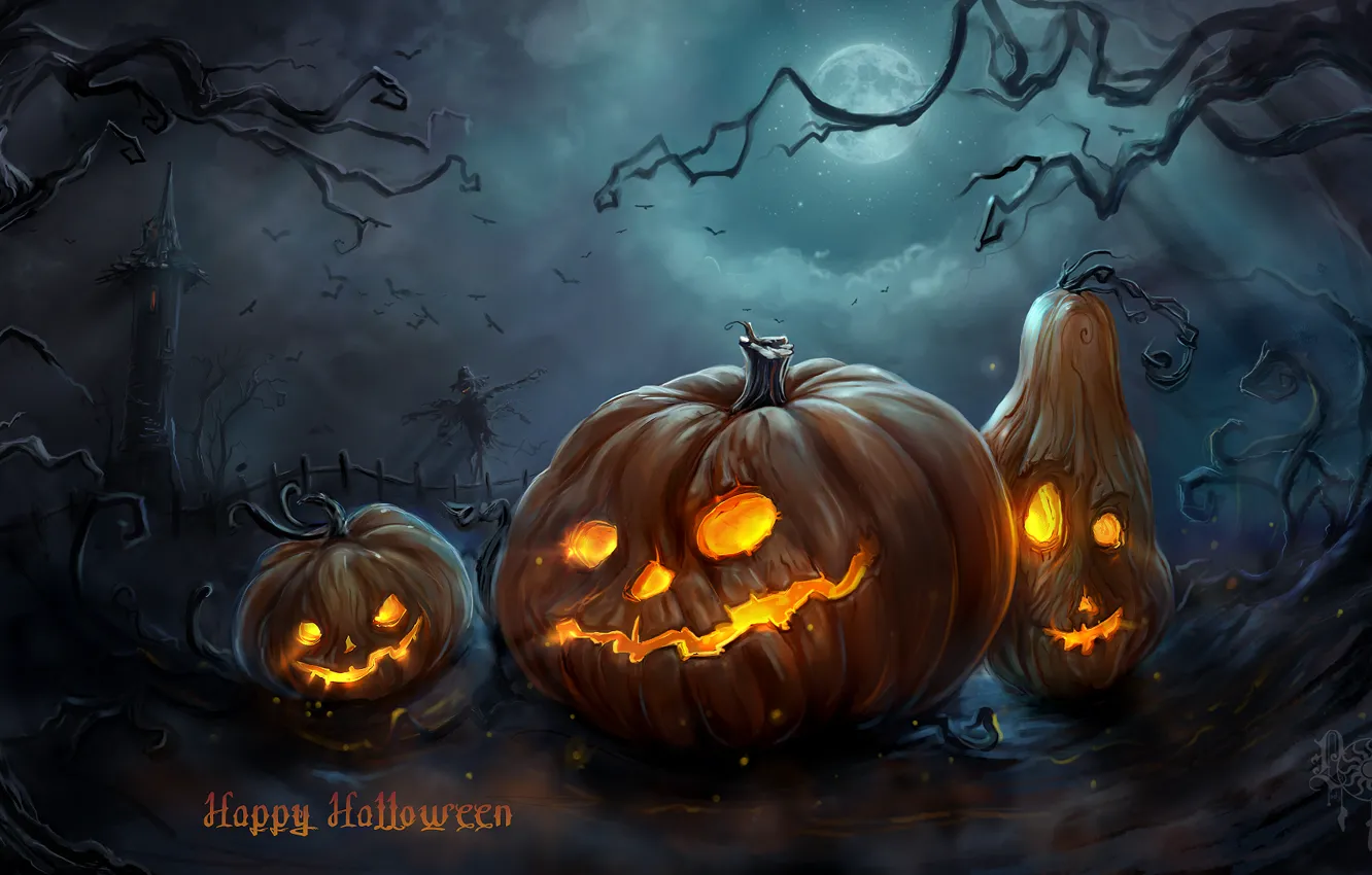 Photo wallpaper trees, night, the moon, tower, art, Halloween, pumpkin, mug