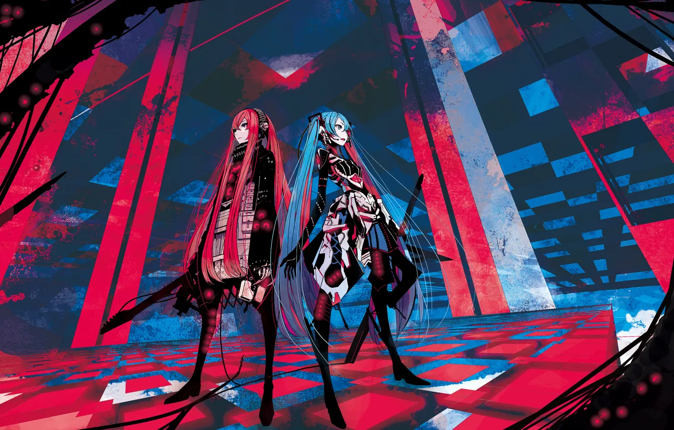 Photo wallpaper abstraction, girls, guitar, art, vocaloid, hatsune miku, megurine luka