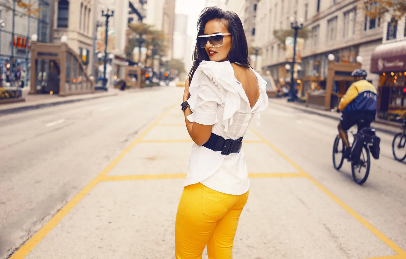 Photo wallpaper look, brunette, glasses, blouse