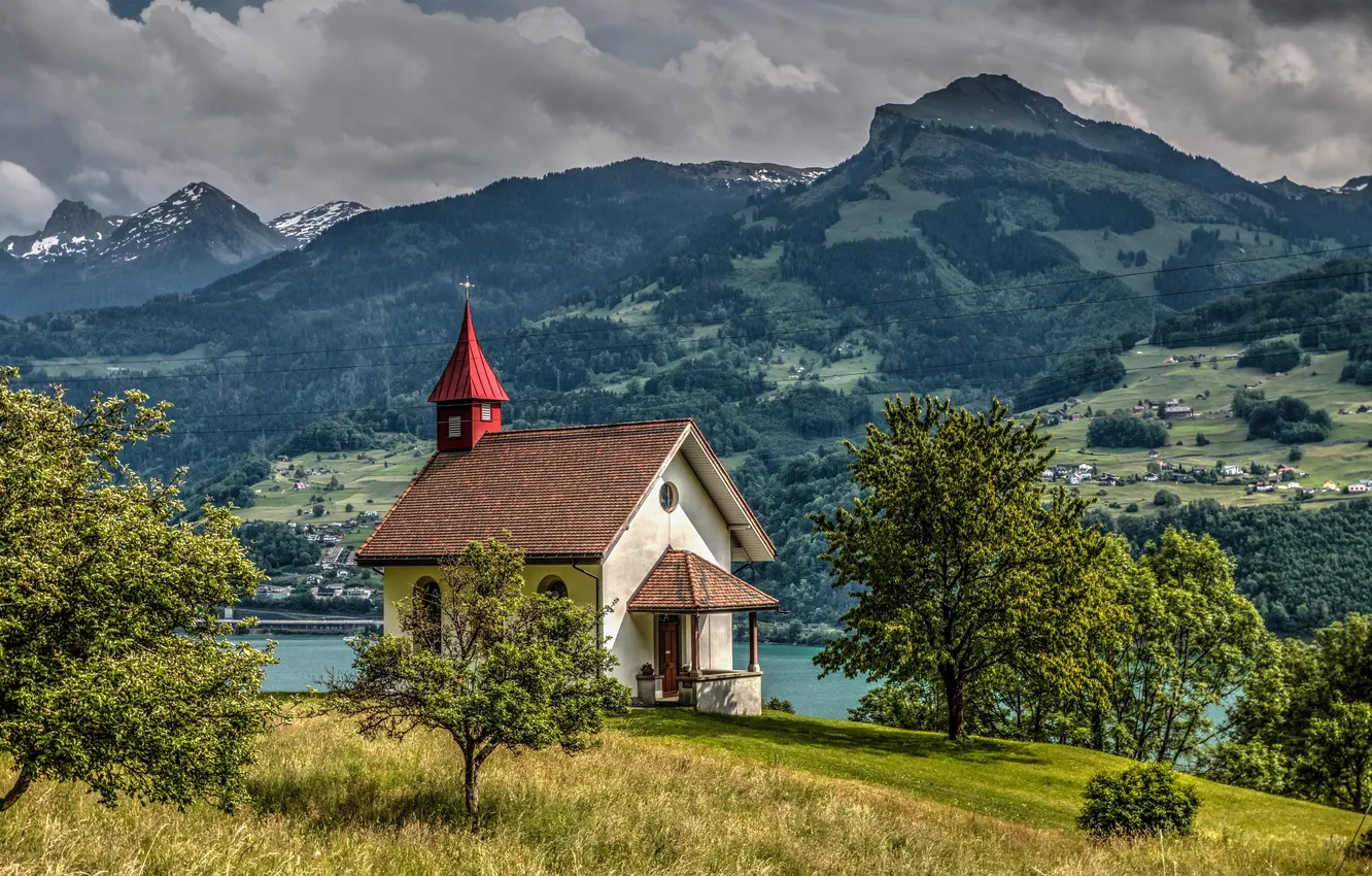 Photo wallpaper trees, mountains, Switzerland, Alps, chapel, Switzerland, Alps, the Walensee