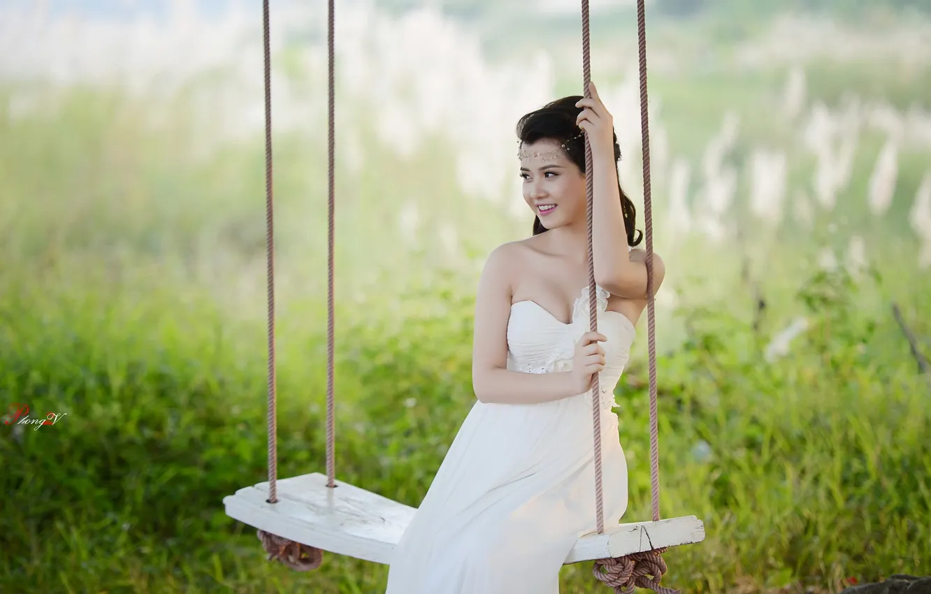 Photo wallpaper girl, swing, Asian