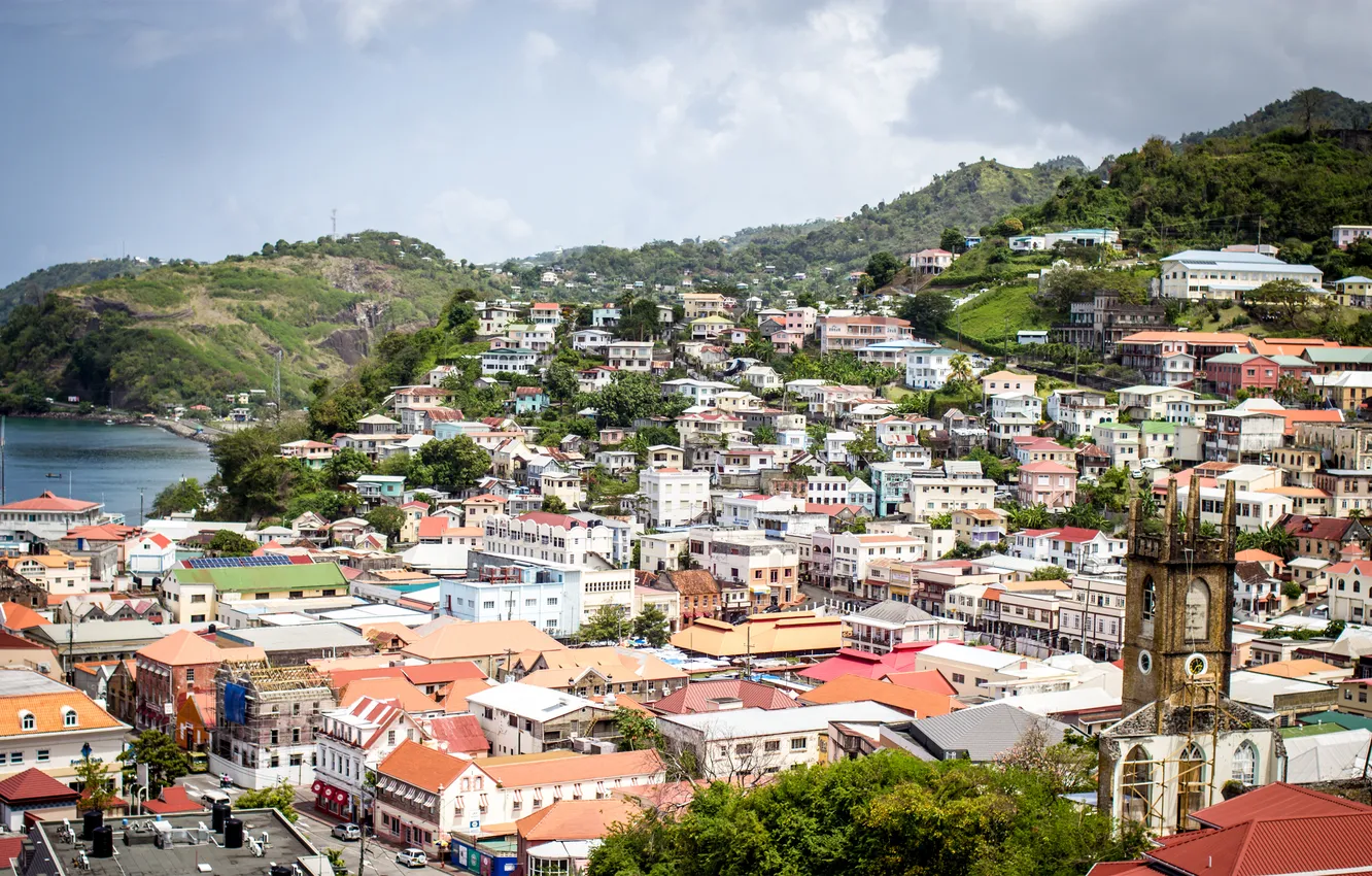 Photo wallpaper sea, trees, hills, coast, island, house, the village, Grenada