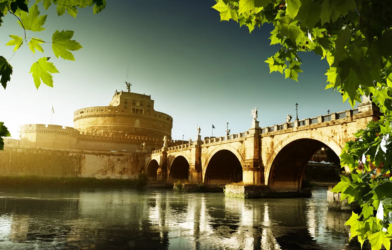 Photo wallpaper the sky, leaves, water, landscape, sunset, bridge, nature, the city