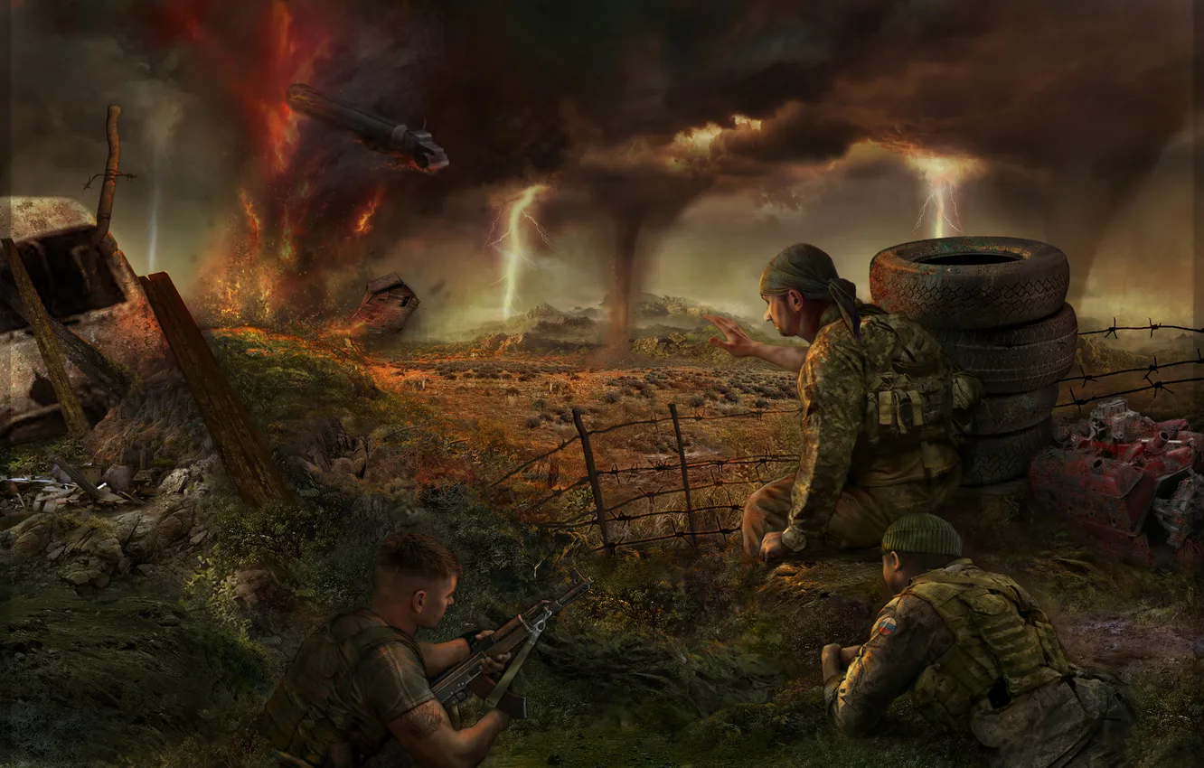 Photo wallpaper clouds, soldiers, tornado, Stalker, area, thunder