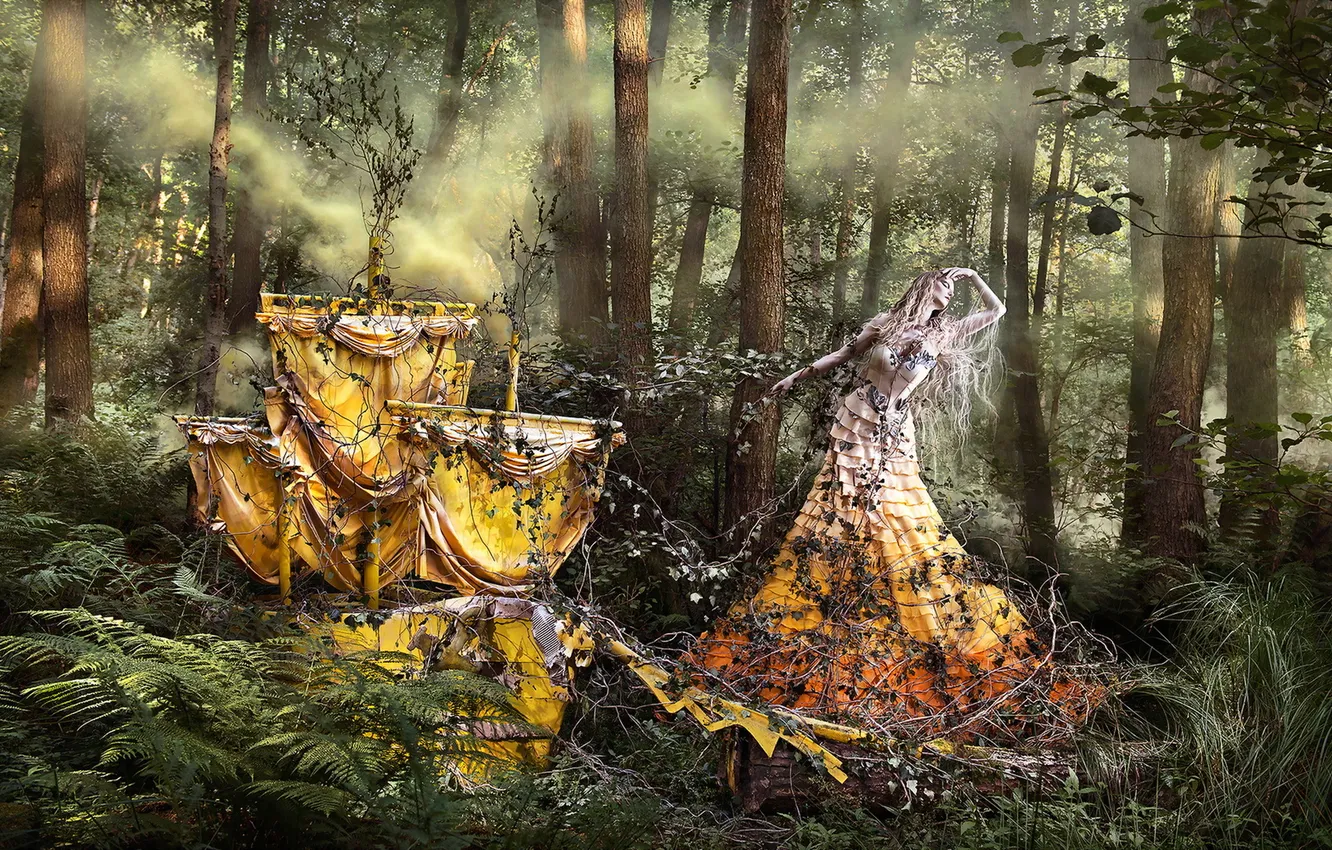 Photo wallpaper forest, girl, ship, summer, shadows, Wonderland