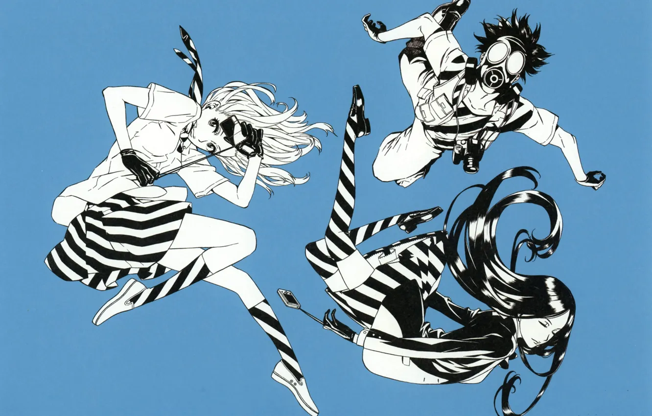 Photo wallpaper gas mask, gang, striped stockings, crazy eyes, bullies, by Yuusuke Kozaki