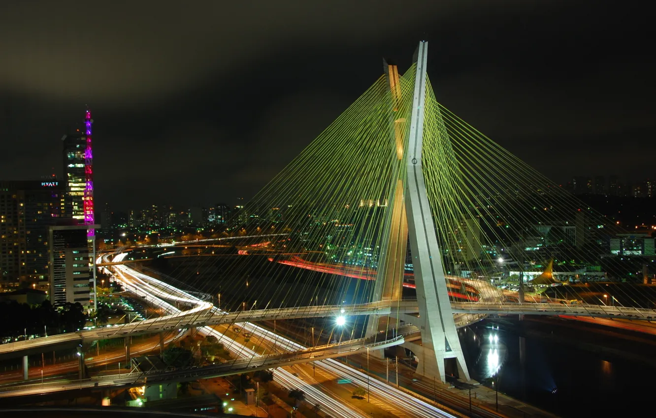 Photo wallpaper night, bridge, lights, river, Brazil, promenade, cars, Octavio Frias de Oliveira