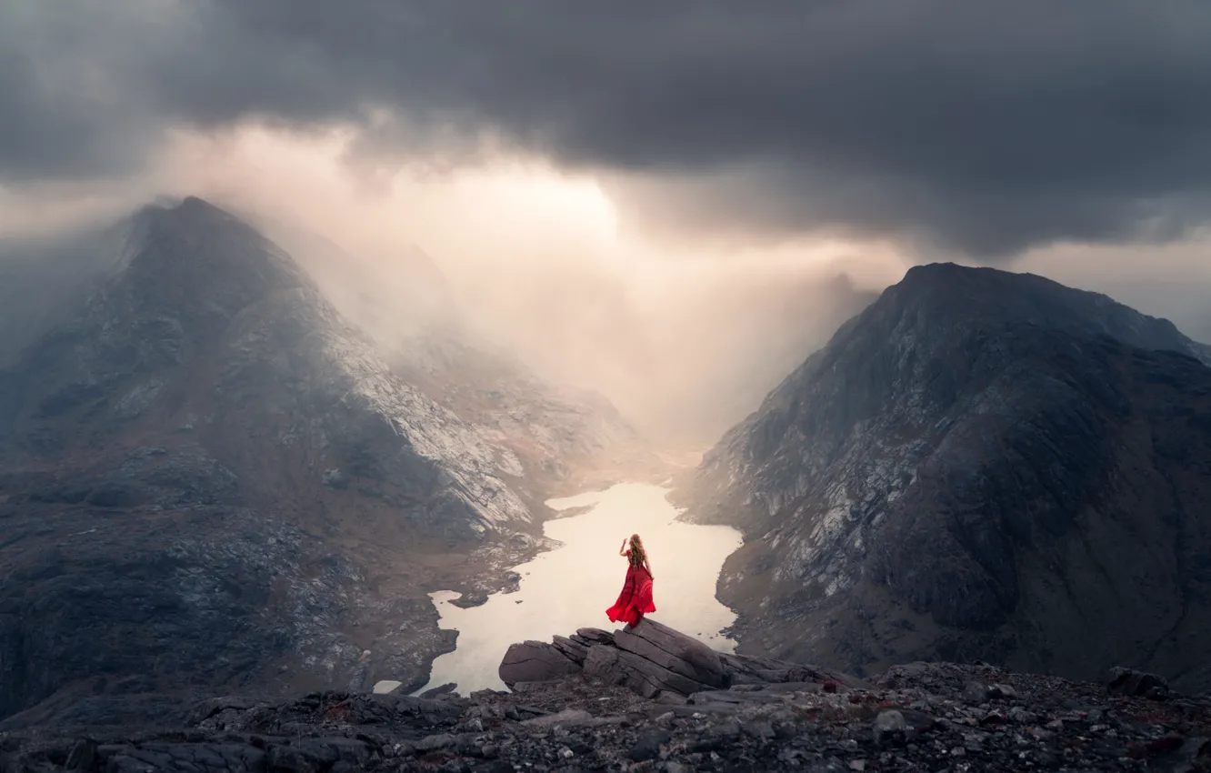 Photo wallpaper girl, mountains, clouds, nature, pose, fog, stones, rocks
