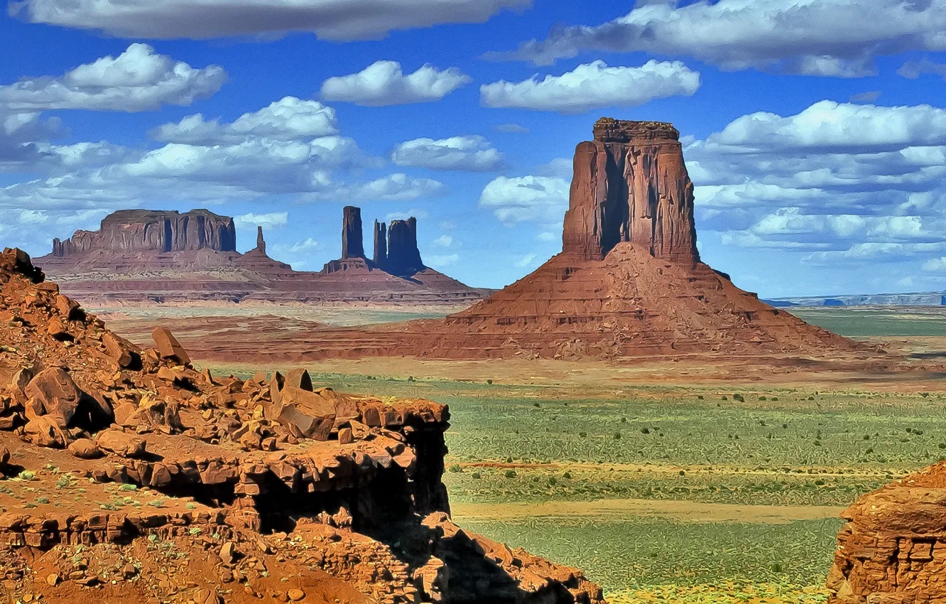 Photo wallpaper the sky, clouds, mountains, rocks, USA, Monument valley