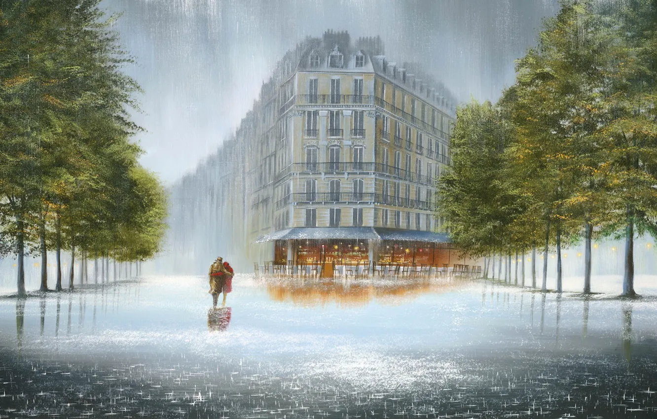 Photo wallpaper trees, the city, house, cafe, puddles, two, the shower, Boulevard
