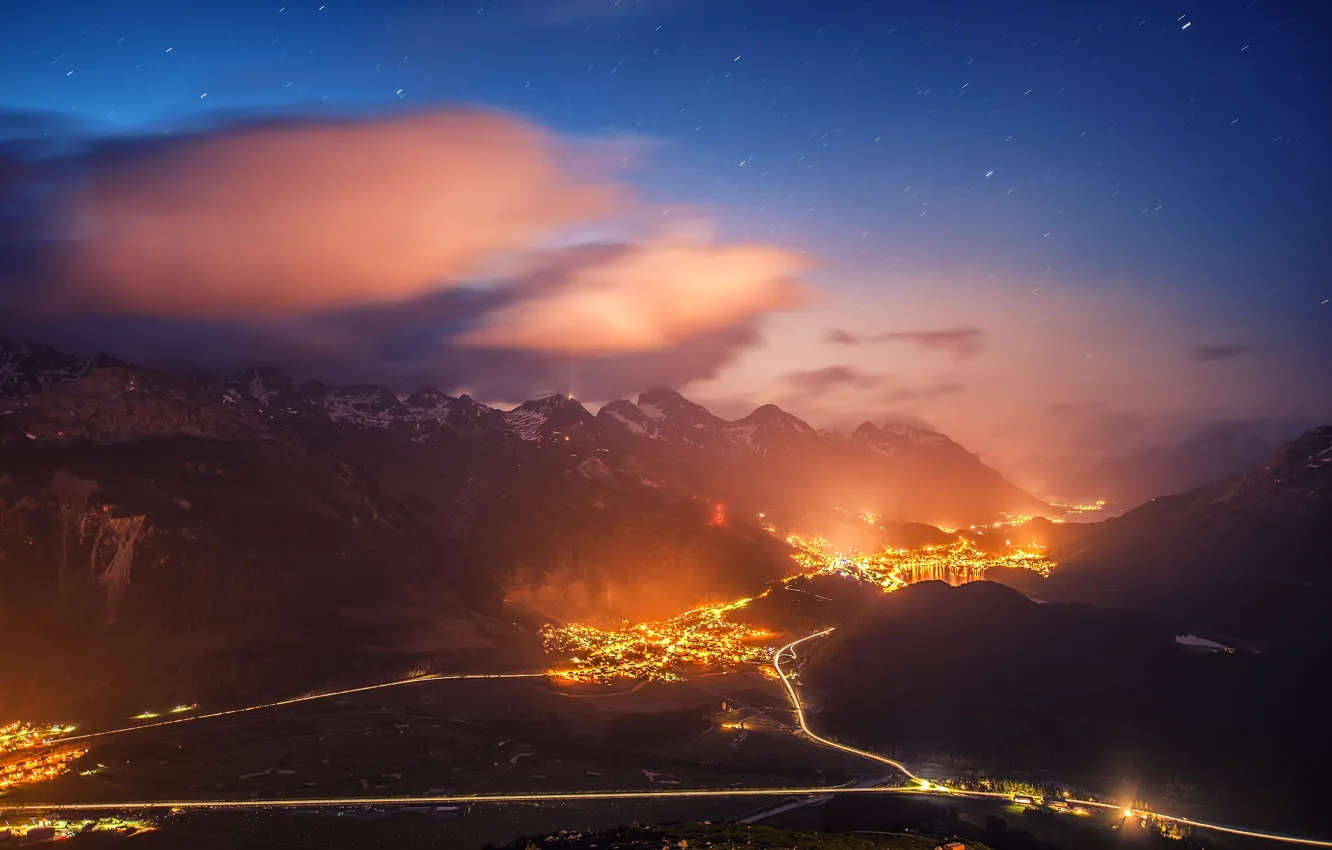 Photo wallpaper mountains, night, the city, lights
