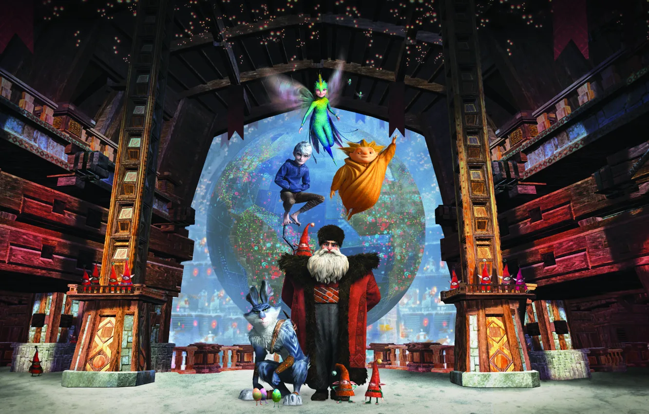 Photo wallpaper cartoon, New Year, fantasy, DreamWorks, 2013, Santa Claus, Rise of the guardians, The Easter Bunny